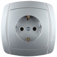 Розетка АКЦЕНТ одинарная в сборе, с заземлением, цвет серебристый металлик, 16А/~250В СВЕТОЗАР SV-54205-SM   