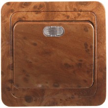 Выключатель ГАММА с подсветкой, одноклавишный, цвет орех, 10A/~250B СВЕТОЗАР SV-54131-N   